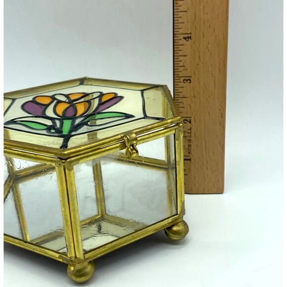 Hexagon Brass‎ and glass-stained glass lid trinket box mirrored vintage Taiwan - Picture 6 of 8